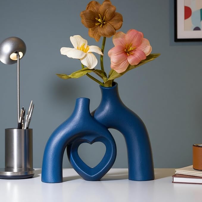 Liotww Snuggle Hollow Decorative Ceramic Vase, 8.3 Inch Hug Donut Modern Nordic Boho Style Vases for Aesthetic Home Decor, Anthropologie Living Room Shelf Coffee Table Décor (Navy Blue)