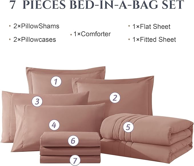 Monbix Full Size Comforter Sets - 7 Pieces Clay Pink Bed in a Bag Full Size Bedding Sets with Comforters, All Seasons Comforter with Sheets, Pillowcases & Shams