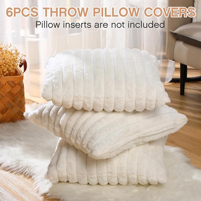 VitalCozy Throw Pillow Covers Set of 6 18x18 Decorative Neutral Couch Throw Pillow Covers Faux Fur Pillowcase Soft Velvet Farmhouse Boho Striped Decor for Bed, Sofa(Cream White)