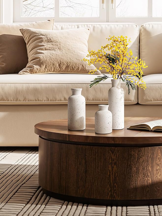 LE TAUCI Ceramic Vase Set of 3, Matte Flower Vases for Fresh or Dried Flowers, Modern Farmhouse Home Decor for Coffee Table, Mantel, Shelf, Entryway, Speckled White