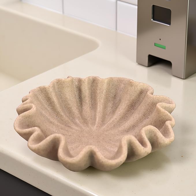 10" Large Handmade Decorative Bowl decor , Handicraft Scalloped Bowls for Modern Home Decor,Ruffle Decor,Key Bowl for Entry Table,Decorative Fruit Bowl for Kitchen Counter,Artificial Stone Beige