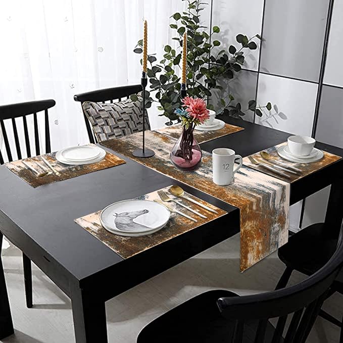Rust Table Runner and Place Mats Set of 6 Abstract Blue and Brown Metal Steel Iron Rusty Stain Linen Dining Mat Sets Washable Vintage Splash Messy for Home Table Decorations 70 Inches Long