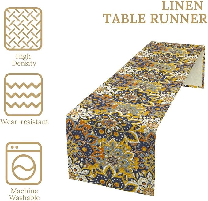 YCness Mandala Floral Table Runner, Retro Colorful Hippie Flowers Boho Table Runner for Bedroom Kitchen Living Room Table Runner, 13x36 Inch