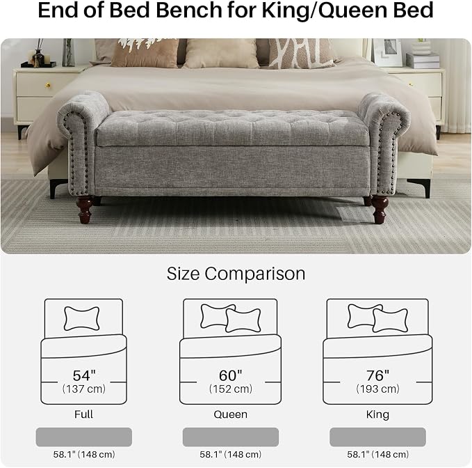 SOFTHION 58.1" Storage Bench Upholstered Chenille End of Bedroom Bed Bench Ottoman with Tufted Cushioned Rolled Arm Large Storage Space for Reading Living Room Entryway, Light Grey