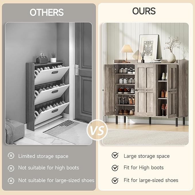 ONBRILL Shoe Cabinet with 3 Doors and Adjustable Shelves, 30 Pairs Shoe Storage Cabinet, 40 Inch Tall Farmhouse Shoe Rack Shoe Organizer Cabinet for Entryway Living Room Closet, Gray Wash
