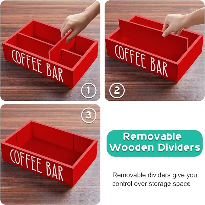 ALELION Red Coffee Station Organizer with Removable Dividers - Coffee Pod Holder Storage Basket for K Cup Sugar Tea - Red Coffee Bar Kitchen Decor Accessories Organizer for Countertop