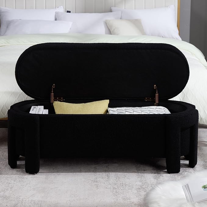 Black Storage Bench for Bedroom 47.25 in Modern Boucle Upholstered Ottoman with Storage Space for End of Bed/Living Room/Closet/Lounge/Window Corner, Black