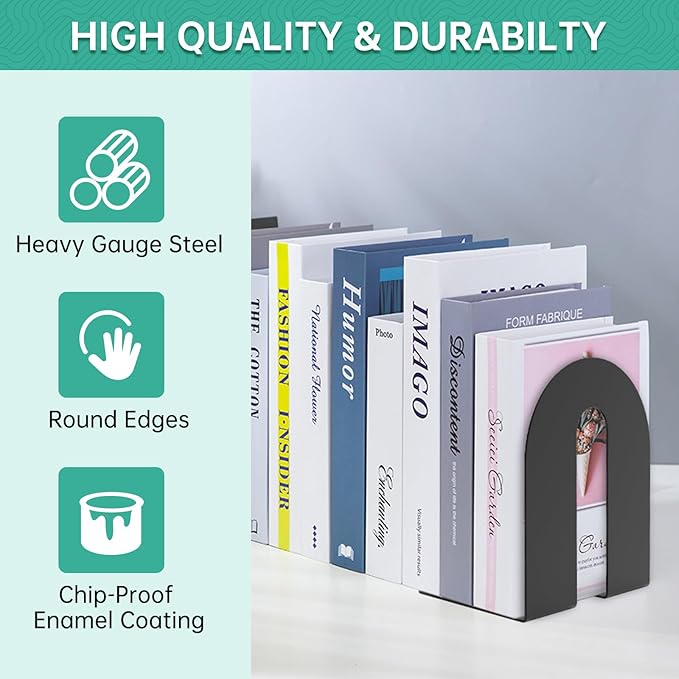 Heavy Duty 10" Bookends, 2 Pair Black Heavy Duty Bookends, Bookend Stopper for Heavy Books, for Office, Bookshelves, Binders & Books