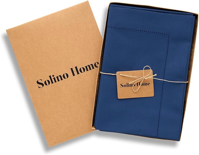 Solino Home Cotton Linen Napkins Set of 4 - Hemstitch Lapis Blue Dinner Napkins Cloth 20 x 20 Inch - Handcrafted and Machine Washable