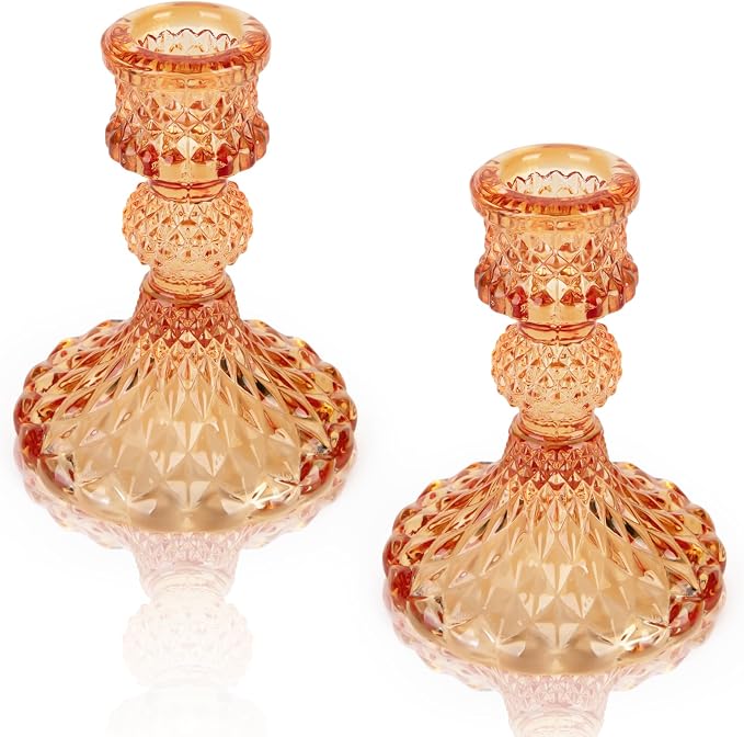 Glass Candle Holder, 2PCS Decorative Candle Sticks Pillar Candle Stand for Formal Events Wedding Party Table Centerpieces Home Decoration, Orange