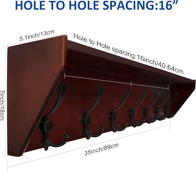 WEBI Coat Rack Wall Mount with Shelf,35" Long Wall Shelf with Hooks Underneath,7 Triple Hooks for Entryway,Hallway,Bedroom,Cherry
