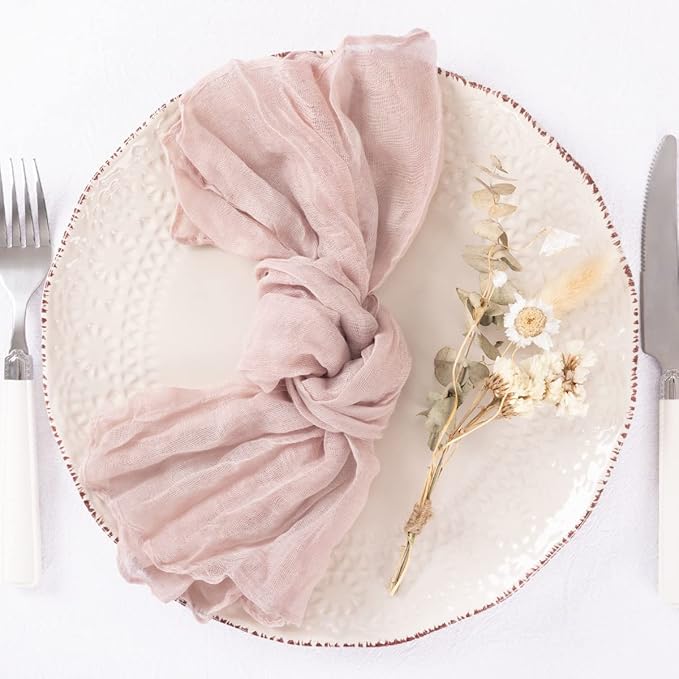 DeZerlor 12 Pack Pink Cheesecloth Napkins Summer Cloth Napkins Set of 12 Dinner Napkins Bulk Bulk 21x21 Inches for Wedding Bridal Shower Baby Shower Parties