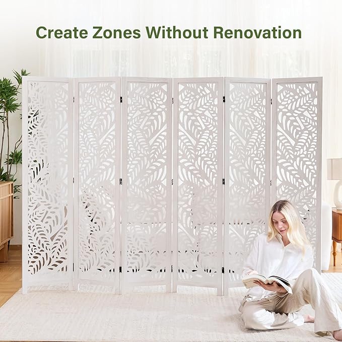Leaf-Carved Room Divider Privacy Screen - 67 Inch Tall Foading Decorative Wood Screen Dividers Panel for Home - Natural Wood Room Partitions for Enhanced Privacy and Style White 6 Panel