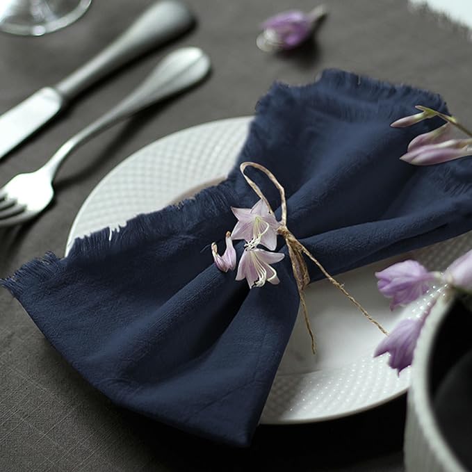 Handmade Cloth Napkins 100% Cotton Napkins with Fringe，Delicate Handmade Cloth Napkins for Dinners, Parties, Weddings and More，18 x 18 Inch Set of 6 - Navy Blue