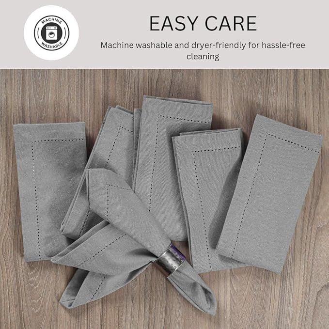 Hemstitch Cloth Dinner Napkins 100% Cotton Set of 12 - for Dining Special Occasions Weddings Parties Holidays Easter - Soft Durable Washable - 18x18 Inch Table Cloth Napkins Light Grey