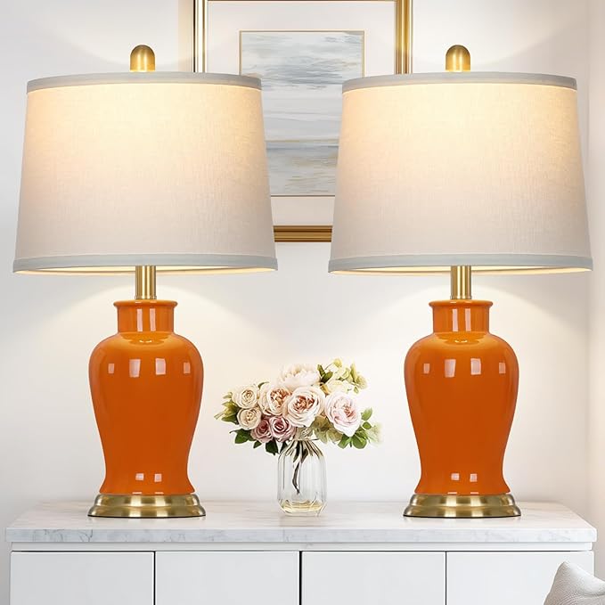 Ruzectt Orange Ceramic Lamps Set of 2, 23" Modern Table Lamps for Living Room, Stylish Bedroom Ginger Jar Lamps, Elegant Bedside Lamp for Night Stand Desk Side End Table Home Decor(Bulbs Included)
