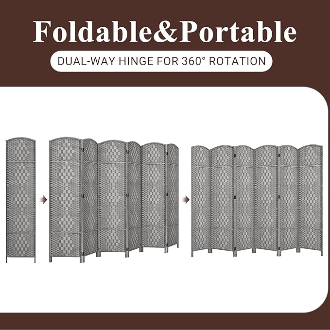 HALLYBEE Room Divider, Room Dividers and Folding Privacy Screens, 16in Privacy Screen, 6 Panel Temporary Wall Partitions, 6ft Space Separation Panel Screen, Grey