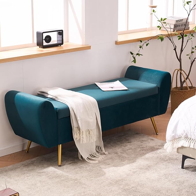 Storage Bench for Bedroom, 55" Extra Long Bench for King Size Bed, Modern Upholstered End of Bed Ottoman Bench with Arms for Entryway Living Room (Velvet, Teal/Blue-Green)