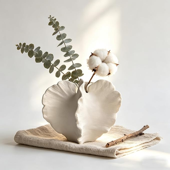 White Ceramic Vase for Home Decor,Modern Art Small Vase for Flowers,Artistic Table Centerpiece Decorative White Vase,Textured Coastal Style Accent for Living Room Shelf or Dining Room