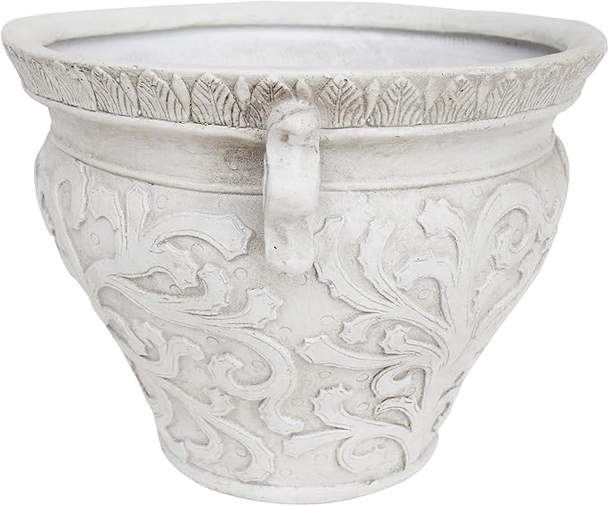 Christopher Knight Home Armis Round Concrete Planter, Indoor Outdoor Garden Plant Pot with Drainage Hole, Floral Relif Patio Urn Planter for Front Porch/Backyard, Outdoor Planter Box, Antique White