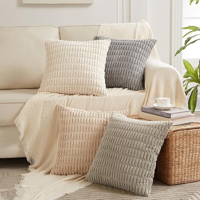 Fancy Homi 4 Packs Decorative Throw Pillow Covers for Living Room Couch Bed, Modern Farmhouse Boho Home Décor Accent Cushion Case, 12" x 12", Taupe