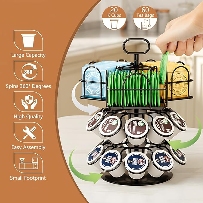 K Cup Coffee Pods Holder, Rotatable Coffee Pod Stands for 20 Pods & 60 Tea Bags, Coffee Pod Organizer Carousel for Countertop