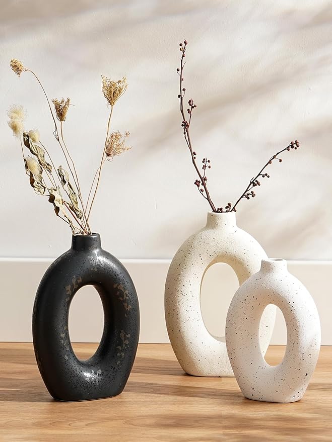 LE TAUCI Ceramic Vases Set of 2, Cream Hollow Donut Flower Vases, Nordic Boho Decor Decorative Centerpiece for Living Room, Table, Shelf, Mantel, Warm Ivory Speckled (H10.5”xW8.5”)