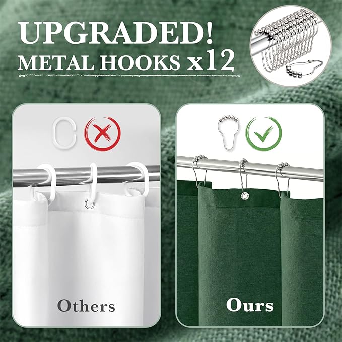 Seasonwood Linen Shower Curtain Neutral Vintage Farmhouse Linen Shower Curtains for Bathroom Boho Bathroom Decor with 12 Sturdy Stainless Steel Sliding Hangers(Dark Green,72x72 Inches)