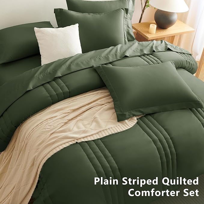 CozyLux King Size Comforter Sets - 7 Piece Bed in a Bag Olive Green Comforter Set with Sheets Luxury Bed Set All Seasons, Soft Bedding Set with Down Alternative Comforter, Sheets, Pillowcases & Shams