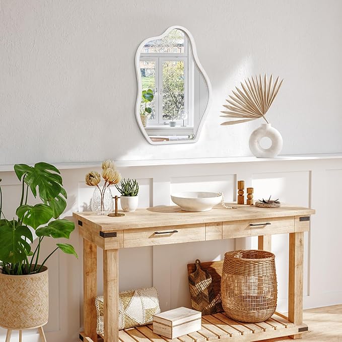 Irregular Cloud Mirror Modern Wood Frame Wall Mirrors Unique Shape Asymmetrical Wall Vanity Artistic Decor for Bedroom Bathroom Entryway Hallway Living Room Small White