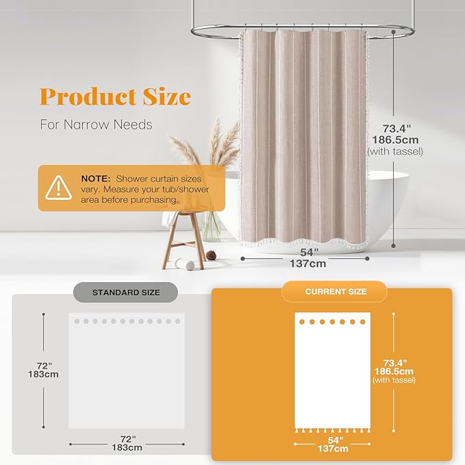 BTTN Stall Fabric Shower Curtain - 54x72 Inch Boho Linen Weighted Striped Shower Curtain Set with 10 Hooks, Narrow Rustic Modern Farmhouse Neutral Thick Cloth Shower Curtains for Bathroom - Taupe/Tan