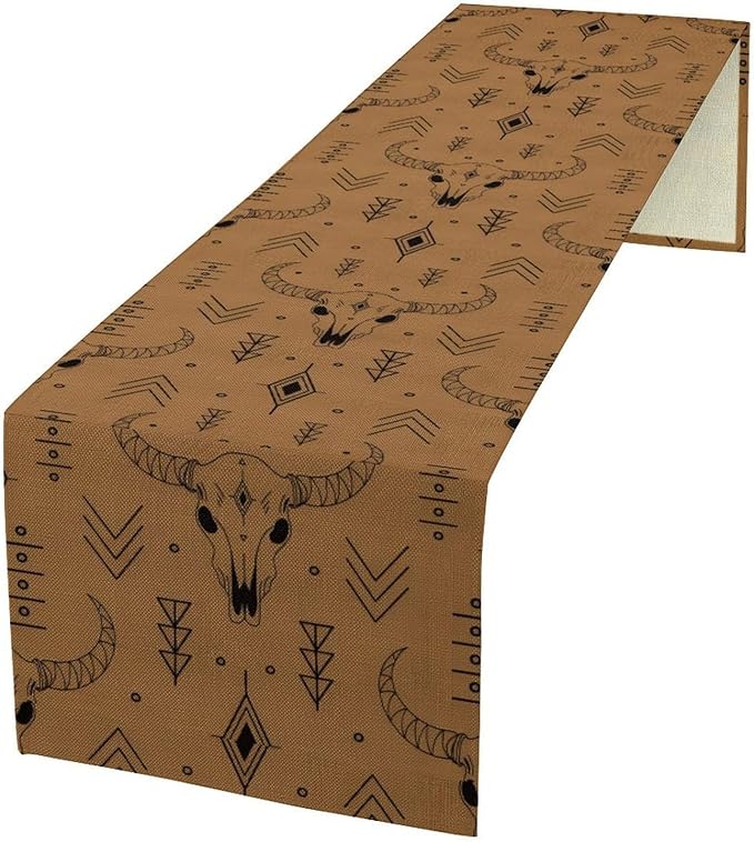 Rustic Western Table Runner, Vintage Bull Skull Boho Tribal Geometric Print Table Runner for Kitchen Dining Party Home Decor, 13x60 Inch