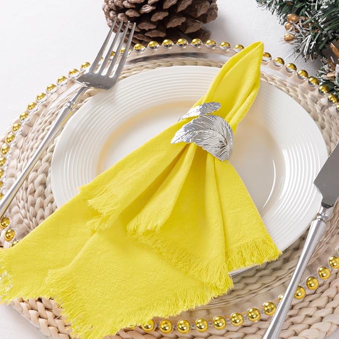 DeZerlor 6 Pack Lemon Yellow Cotton Linen Napkins with Fringe Summer Cloth Napkins Set of 6 Boho Handmade Dinner Napkins Bulk for Wedding Bridal Baby Shower Parties, 17 x 17 Inches