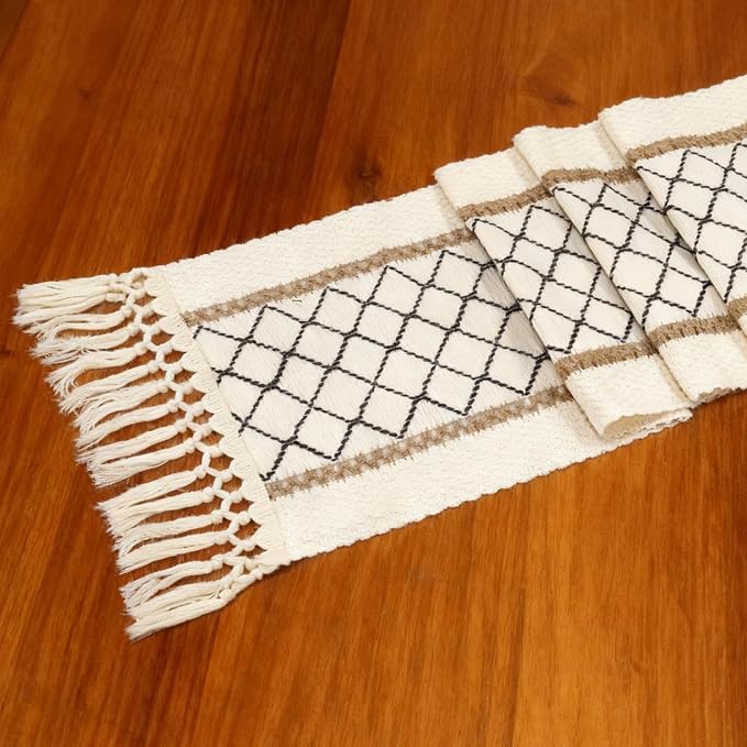 EMMTEEY Macrame Table Runner Boho Style - Scratch & Heat Resistant, Hexagonal Grid Cotton Linen Table Runner with Tassels for Home Decor/Bedroom (12"X36", Black)