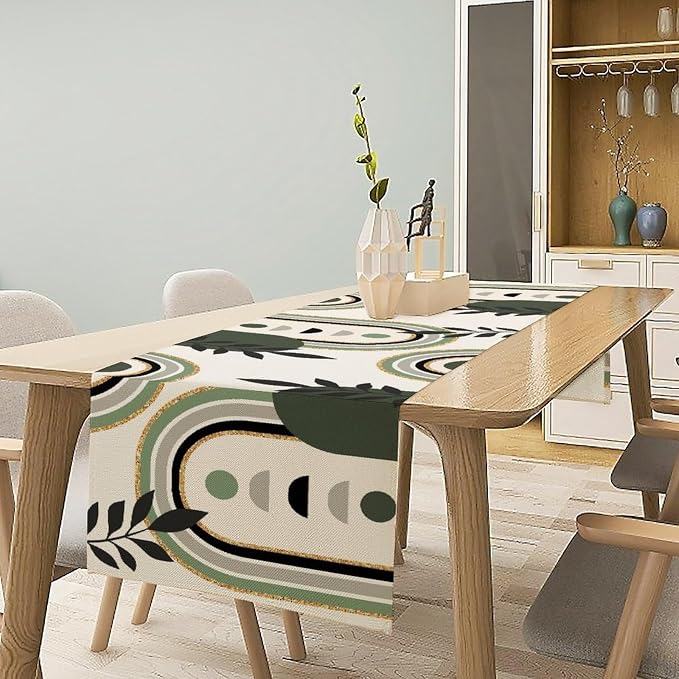 YCness Mid Century Boho Table Runner, Green Abstract Modern Sun Moon Minimalist Plants Table Runner for Bedroom Living Room Kitchen Laundry Room 13x60 Inch