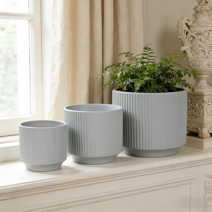 Oakrain Plant Pots with Vertical Stripes 7.8/6.5/5.2 inch, Set of 3 Modern Decorative Planters for Indoor Outdoor Plants, Flower Pot with Drainage Holes, Ceramic Blue
