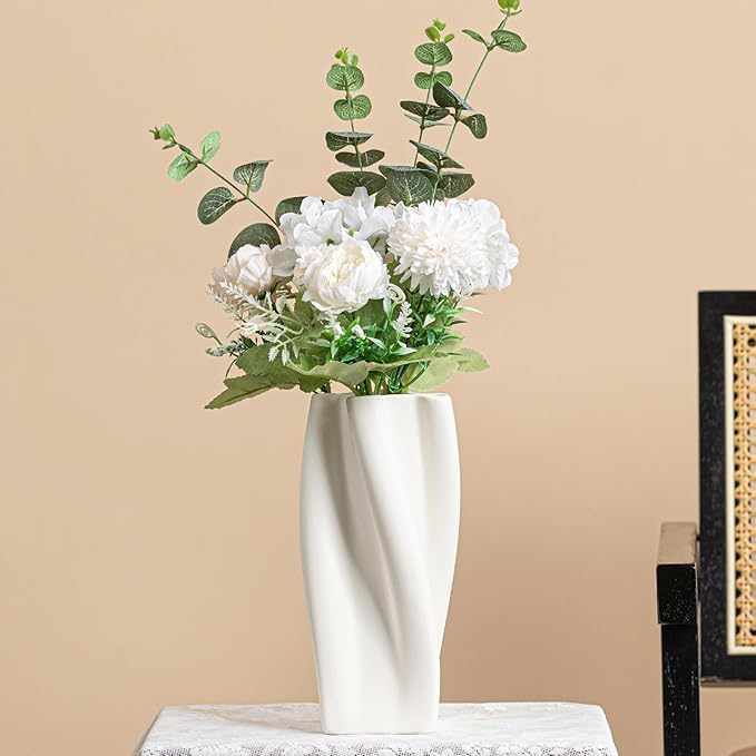 White Ceramic Vase 8.9" Matte Finish - Unique Ruffled Vase for Home Decor, Living Room, Office, Centerpieces - Gift for Self & Friends, Boho Farmhouse Decor