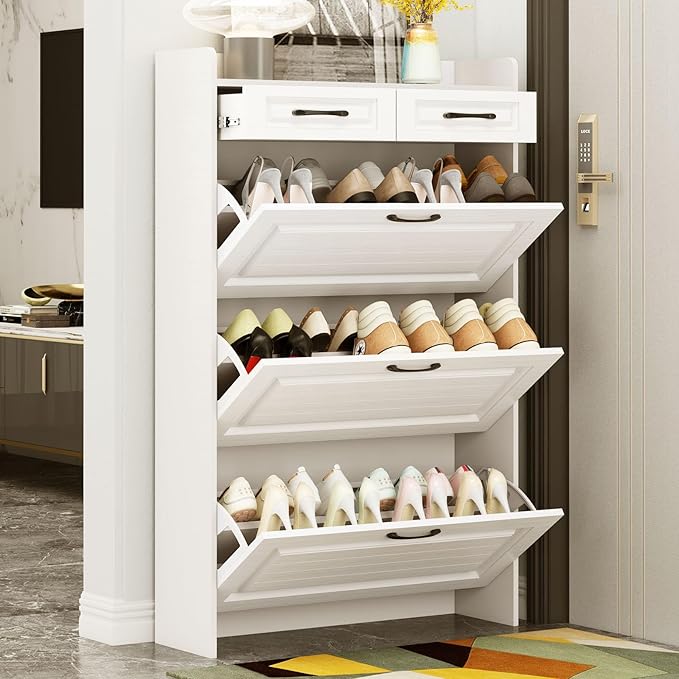 Shoe Cabinet with 3 Large Flip Drawers & 2 Storage Drawers, Narrow Shoe Organizer Cabinet Fits for Kinds of Shoes, Slim Shoe Storage Cabinet for Entryway, Hallway