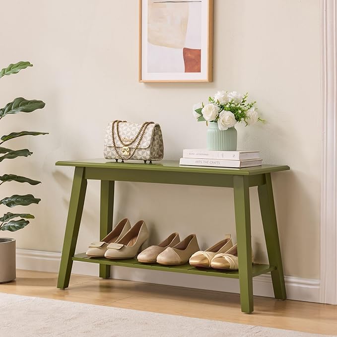 Kings Brand Furniture Delphi Wood Entryway Bench with Storage Shelf – Modern Accent Seating for Hallway, Bedroom, Living Room or Narrow Space-Saving Shoe Bench (Avocado)