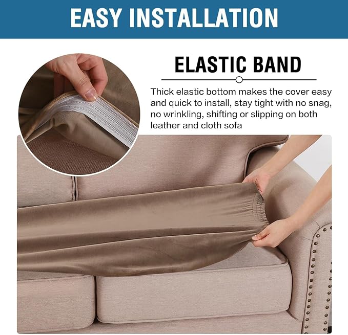H.VERSAILTEX Velvet Stretch Individual Couch Cushion Cover Plush Slipcover for Loveseat Sofa Seat Furniture Protector Cover (1 Piece Loveseat Cushion Cover, Camel)