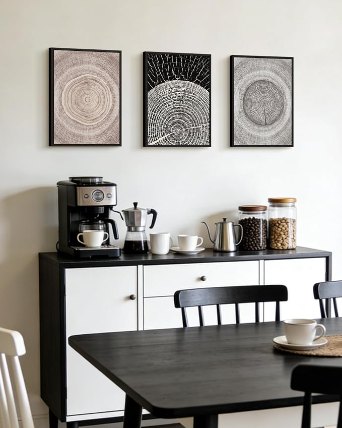PHOPAGO Vintage Wood Tree Rings Wall Art Farmhouse Rustic Framed Paintings Nature Artwork for Dining Room Kitchen - 11x14in Black Framed