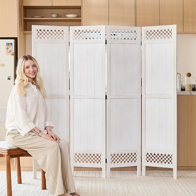 Privacy Screen Room Divider Panel - 67 Inch Tall Natural Wood Folding Partition Room Dividers, No-Assembly Required, Enhance Privacy and Aesthetic Appeal, Ideal for Home or Office White 4 Panel