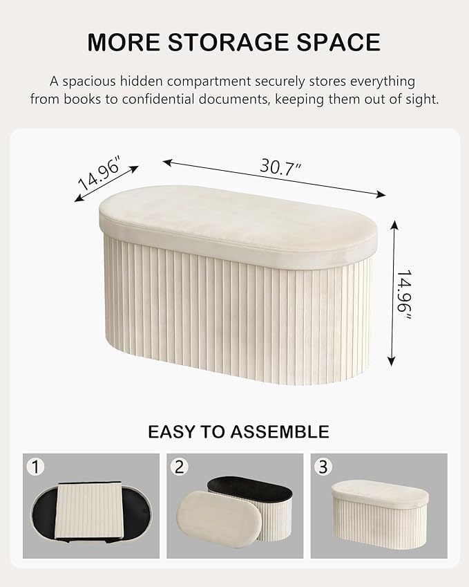 GLAXYFUR Oval Folding Storage Ottoman, Velvet Upholstered Foot Rest, 30 x 15 x 15 Inches Storage Bench for Bedroom, Living Room & Entryway (Beige-New)