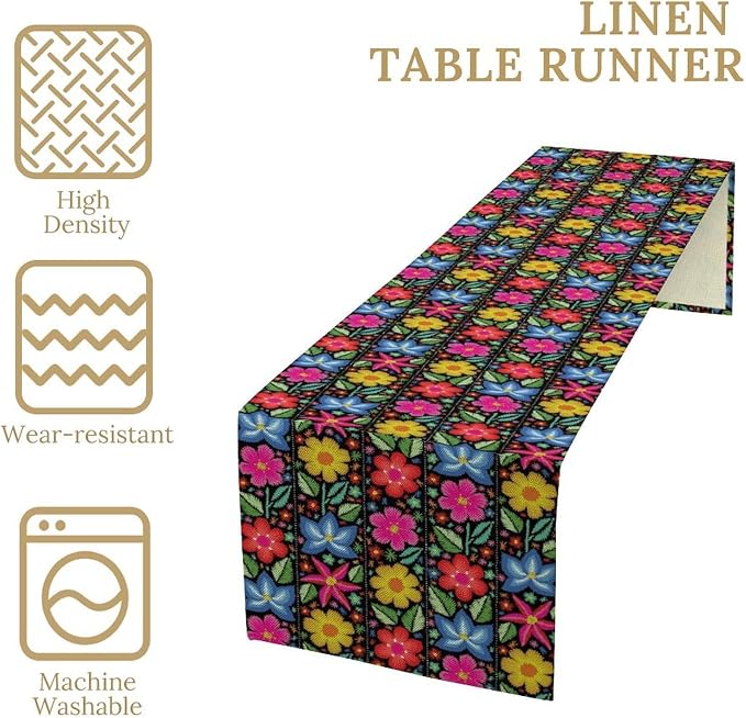 YCness Ethnic Mexican Table Runer, Mexican Flower Traditional Pattern Ornate Folk Graphic Spring Table Runner for Party Living Room Dining Home Table Decor, 13x60 Inch
