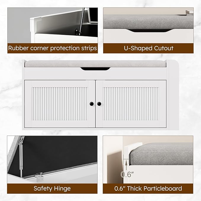 39.4" Storage Bench - Entryway Shoe Bench with Side Storage Shelves and 2 Doors, Multifunctional Entryway Bench with Lift Top Cushion, Shoe Storage Bench for Bedroom, Living Room, White