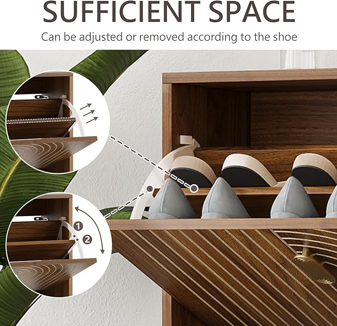 Shoe Cabinet Storage for Entryway, Narrow Slim Shoe Storage Cabinet with 2 Flip Drawers, Freestanding Shoe Rack Organizer Cabinet with Line Groove Design for Hallway, Brown