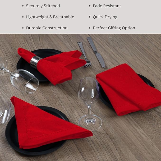 Hemstitch Cloth Dinner Napkins 100% Cotton Set of 6 - for Dining Special Occasions Weddings Parties Holidays Easter - Soft Durable Reusable - Elegant 18x18 Inch Table Cloth Napkins Red