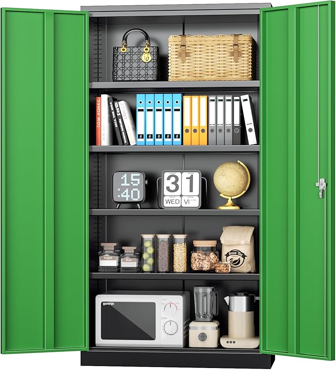 INTERGREAT Metal Storage Cabinet with Doors, 72" Locking Steel Storage Cabinet with Shelves, Tall Metal Cabinet Lockable Steel Cabinets for Home Office, Garage,(Black+Green)