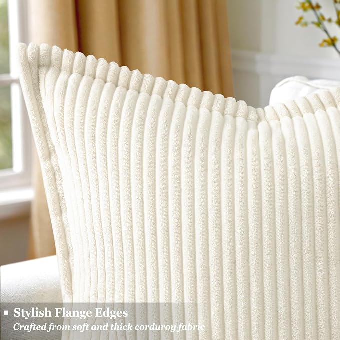 decorUhome Summer Corduroy Pure White Throw Pillow Covers 18x18 Set of 2 Decorative Soft Boho Farmhouse Couch Pillow Covers for Living Room Bed Sofa Broadside Striped Pillow Cases