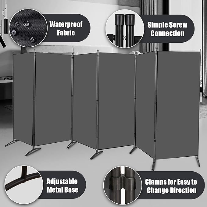 Room Divider-Folding Privacy Screens, 6 ft Partition Room Dividers Wall for Separation, Home, Office, Classroom, Studio (Grey, 6 Panel)